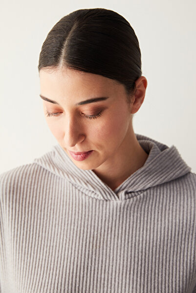 Penti Ribbed Soft Hooded Gray Melange Sweatshirt