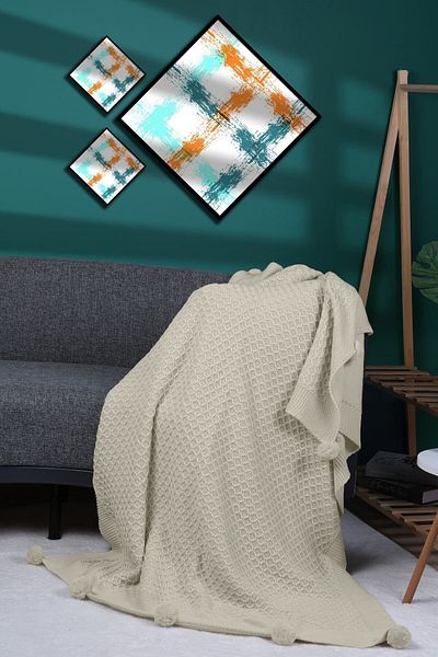 DOUX HOME Yeliz Knitwear Knitted Tv Blanket with 10 Pompoms 130 X 170 (Bone)