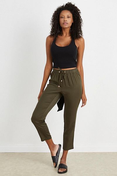 Curly Khaki Skinny Leg Woven Trousers