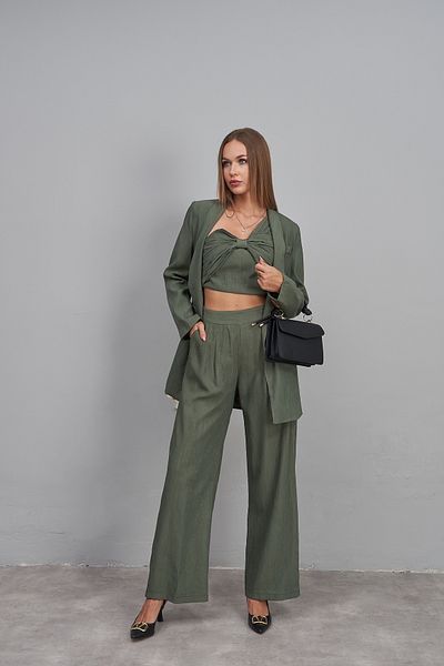 Rabia Çelik Women's Khaki Green Bustier Pants Jacket Top and Bottom Set