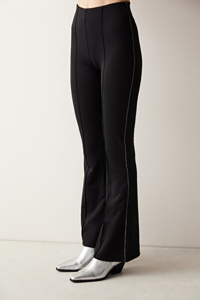 Penti Rihinestone Detailed Geniş Paça Siyah Pantolon