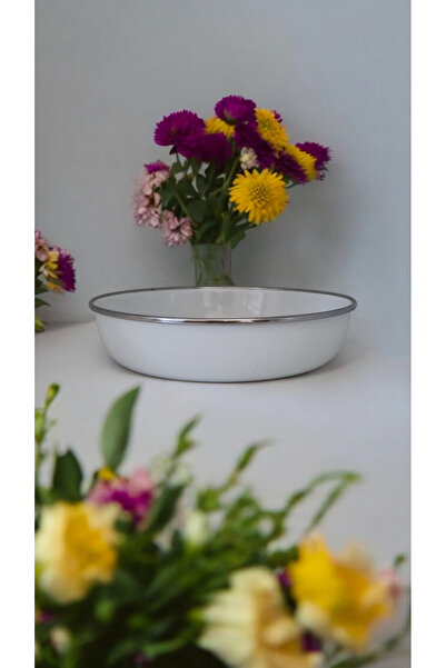 emaye market Set of 6 Enamel Custard Plate 22 cm Patterned Dinner Breakfast Plate Patterned Salad Chips Plate Bowl