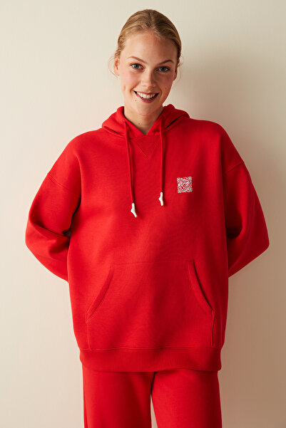 Penti Kırmızı Kapüşonlu Içi Şardonlu Kanguru Cepli Oversize Sweatshirt