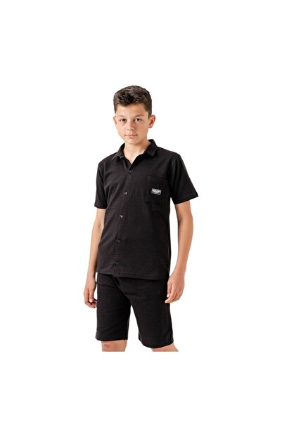 bebegen طقم قميص أسود للأولاد مع شورت مزدوج
