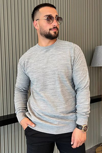 MİSHAR İTALİA Γκρι ανδρικό πλεκτό πουλόβερ με μοτίβο με λαιμόκοψη