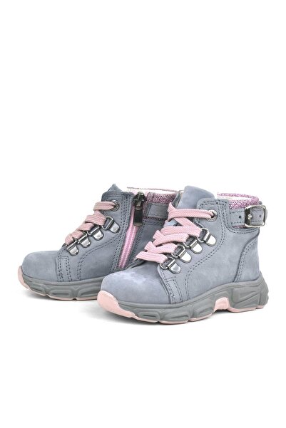 Rakerplus Hakiki Deri Pudra Pembe Mavi Fermuarlı Kız Bebek Bot Ayakkabı