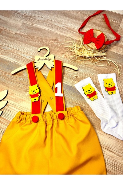 Feriatolye Winnie the pooh konsepti hardal kırmızı şort salopet
