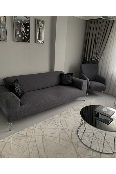 ÖZMAKAN Κάλυμμα καναπέ Jacquard και Κάλυμμα καναπέ-κρεβάτι για 3 άτομα - Anthracite (Περιεχόμενο προϊόν 1 Τεμάχιο)
