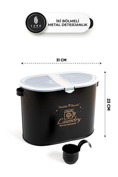 Lura Metal 2 Bölmeli Metal Siyah Plastik Kapaklı Tablet ve Toz Deterjan Kutusu Banyo Düzenleyici - 12 Lt