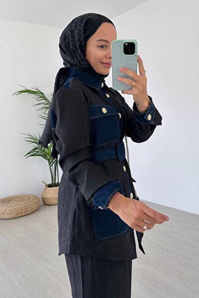 Ka Hijab Set de 2 piese Hijab cu nasturi aurii cu detaliu denim cu jachetă - negru