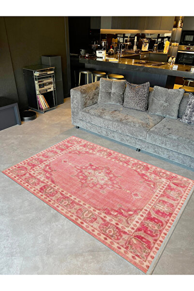 Rugs Modern Halı Lina Koleksiyonu Eskitme Görünümlü Kırmızı Desenli Dokuma Ta...