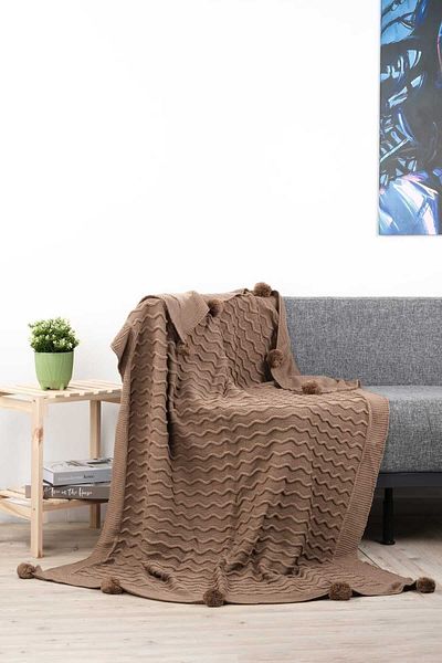 DOUX HOME Плетено одеяло за телевизор с помпон Meral Knitwear 130 x 170 см (БИСКВИТИ)