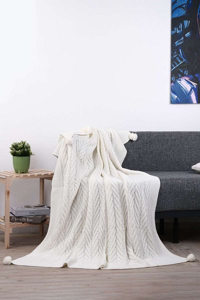 DOUX HOME Leyla Knitwear Knitted Tv Blanket with 4 Pompoms 130 X 170 (Bone)