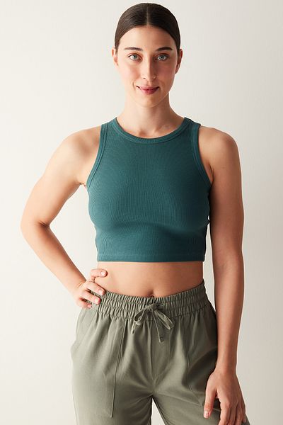 Penti Khaki Halter Collar Corded Crop Tank Top