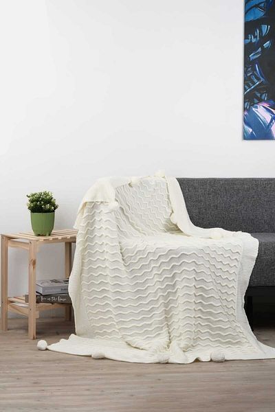 DOUX HOME Meral Knitwear Braided Pompom Tv Blanket 130 X 170 cm (Bone)