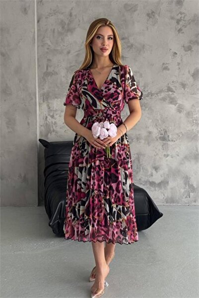 Dipmoda γυναικείο φούξια φόρεμα σιφόν με διπλό πέτο λαιμόκοψες Με σχέδιο DPQ001