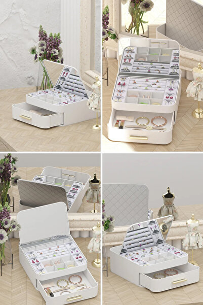 Emofom Ruby Multi-Compartment Makeup Organizer with Drawers and Mirrors Jewelry Organizer