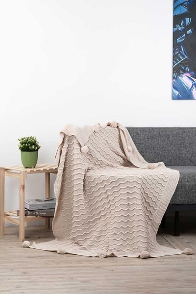 DOUX HOME Meral Knitwear Braided Pompom Tv Blanket 130 X 170 cm (Stone)