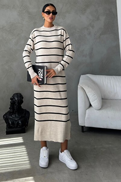 bayansepeti Φόρεμα μπεζ πλεκτό φόρεμα 1080 με μακρυμάνικο μίντι λαιμόκοψη