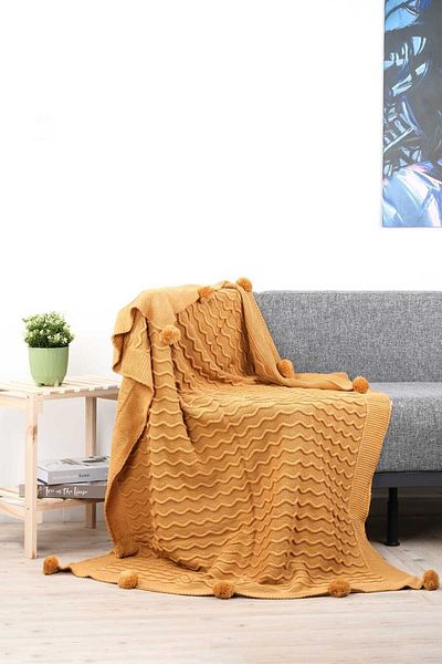 DOUX HOME Meral Knitwear Braided Pompom Tv Blanket 130 X 170 cm (Mustard)