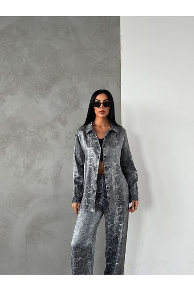 giyimmasalı Shiny Mono Fabric Snake Printed Set - Gray