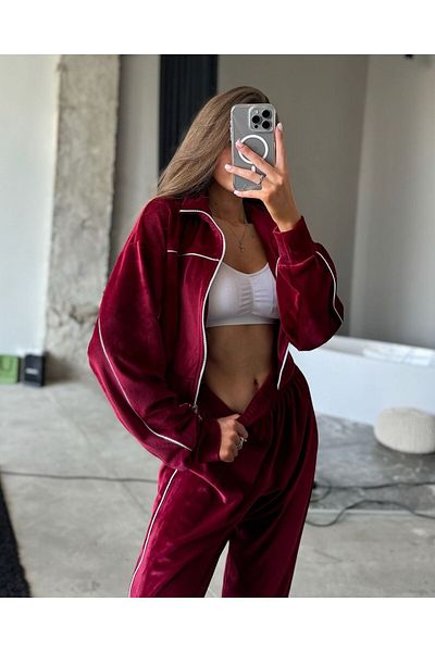 Justin Cardigan și pantaloni supradimensionați cu dungi din catifea burgundy - Set de 2