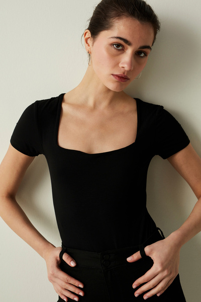 Penti Siyah Square Neck Bodysuit