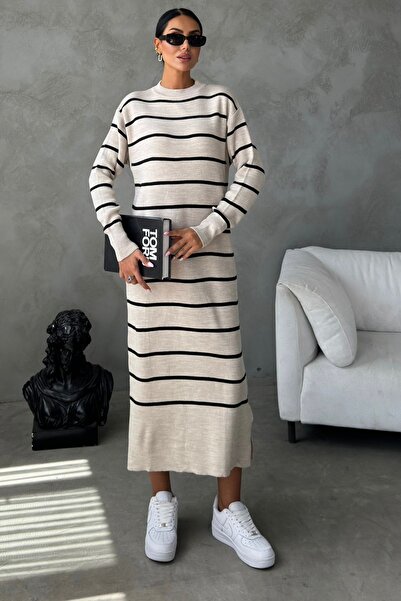 bayansepeti Φόρεμα μπεζ πλεκτό φόρεμα 1080 με μακρυμάνικο μίντι λαιμόκοψη