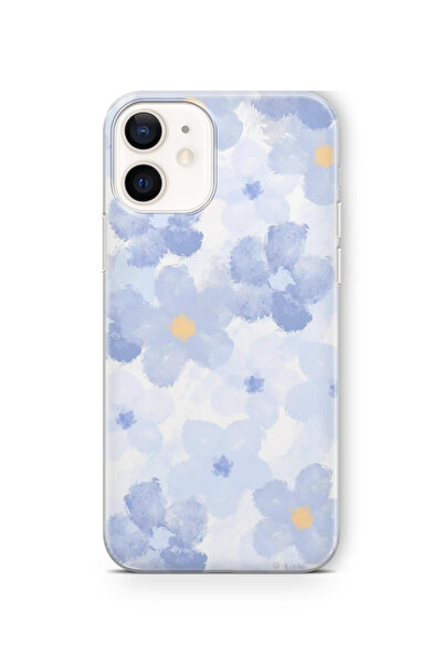 Space Star iPhone 12 Mini Uyumlu Mavi Çiçek Tasarım Baskılı Şeffaf Kılıf