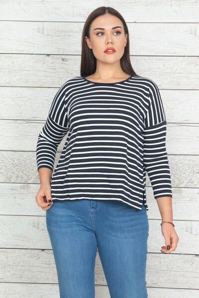 Şans Γυναικεία μπλούζα μεγάλου μεγέθους Navy Blue Stripe λεπτομερή μπλούζα 65n20377