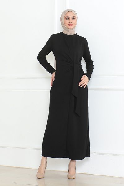 Eliva Women's Black Modal Fabric Long Waist Tie Detailed Hijab Dress