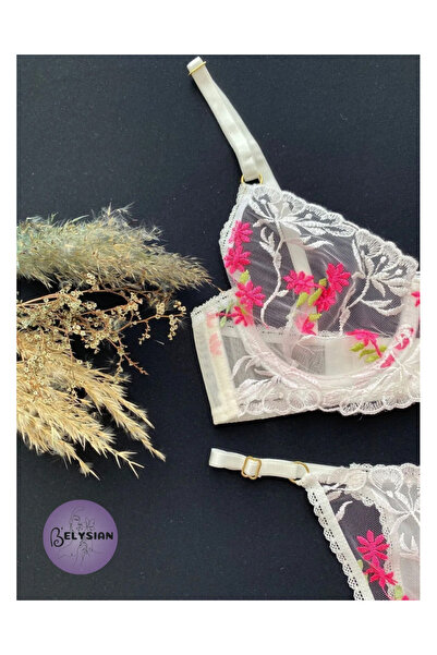 love secret Σετ σουτιέν με ροζ λουλούδια με μοτίβο με βελονιά