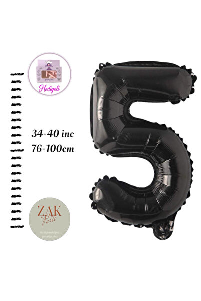 ZEAP Rakam Balon Siyah Renk Folyo Balon 100cm 40 36 Inç Helyum Balon 5 Yaş Ba...
