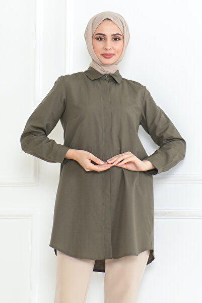 Eliva Women's Khaki Green Terikoton Hidden Button Boyfriend Hijab Shirt