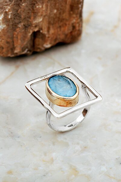 Sümer Telkari Mavi Paraiba Taşlı Tasarım Kare Gümüş Yüzük 5858