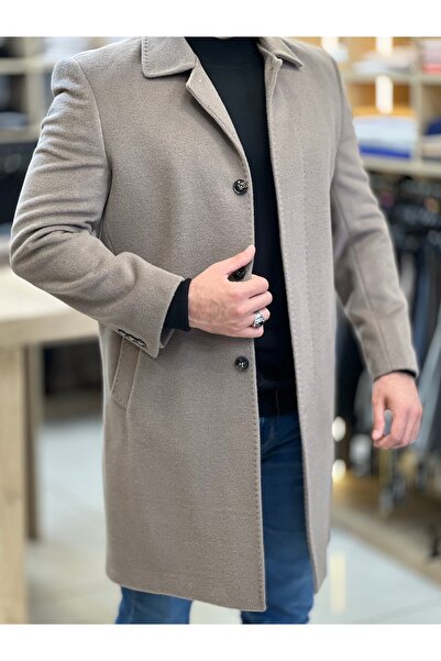 SAVARA Beige Mink Overcoat Parseuse Model Winter Jacket Collar Woolen Fabric Long Men's Coat