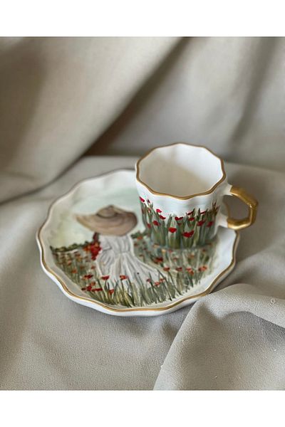 Store كوب قهوة تركي نسائي بتصميم خاص مرسومة يدويًا مع قبعة