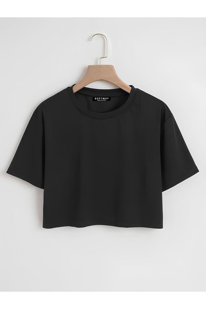 SOFTWAY Women's Oversize Crew Neck Plain Crop T-Shirt – Black