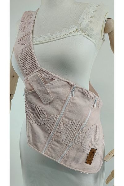 zümal tekstil tasarım Tufting Embroidered Cross Strap Waist, Shoulder, Chest, Travel, Sports Bag (Cream Powder)
