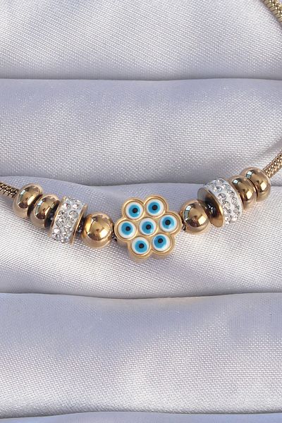 Skygo Gold Colored 316l Steel - Zircon Stone Evil Eye Flower Patterned Bracelet - TJ-BB6201