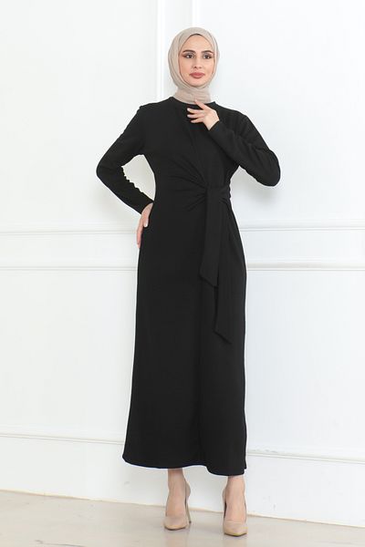 Eliva Women's Black Modal Fabric Long Waist Tie Detailed Hijab Dress