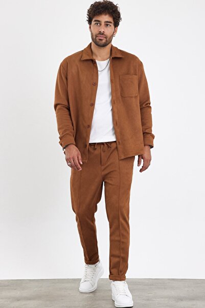 MADZEYMODA Ανδρικό πουκάμισο παντελόνι New Season 2 τεμαχίων Σετ σουέντ χρώματος κανέλας Mz0801