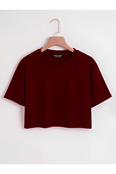 SOFTWAY Tricou oversize pentru femei cu decolteu rotund – roșu Claret