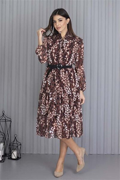 Dipmoda Γυναικείο Καφέ Φόρεμα Σιφόν Ζώνη τεμαχίων/σετ Λεοπάρ μοτίβο τεμαχίων ...