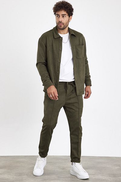 MADZEYMODA New Season Men's Trousers and Shirts 2-Piece Khaki Green Suede Set Mz0801