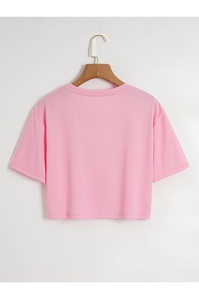 SOFTWAY Women's Oversize Crew Neck Plain Crop T-Shirt – Pink