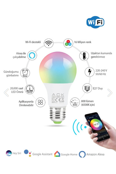 repplam 10W Wi- Fi RGB Led Ampul E27 Duylu Uygulama Kontrollü Dim Edilebilir