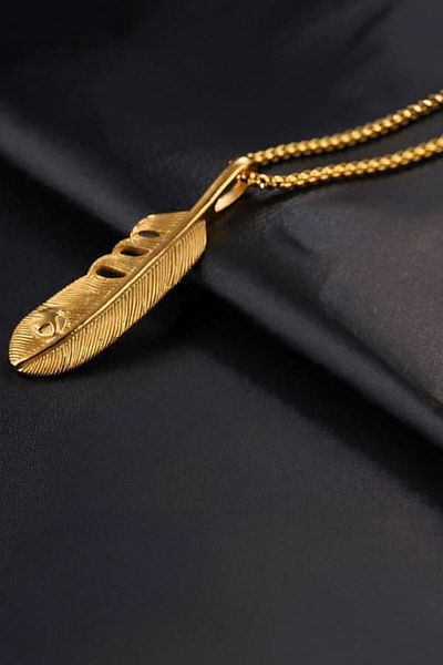 Chavin Gold Luck Feather Eagle Feather Figured Steel Men's Necklace Dp86Sr