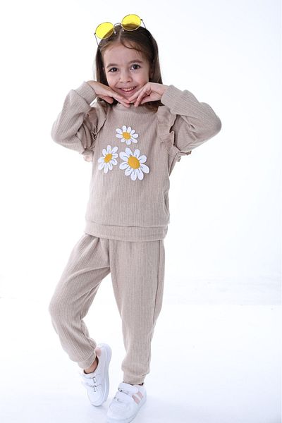 minitrends Daisy Embroidered Ruffled Shoulder Ribbed Cotton Girl's Top and Bottom Tracksuit Set