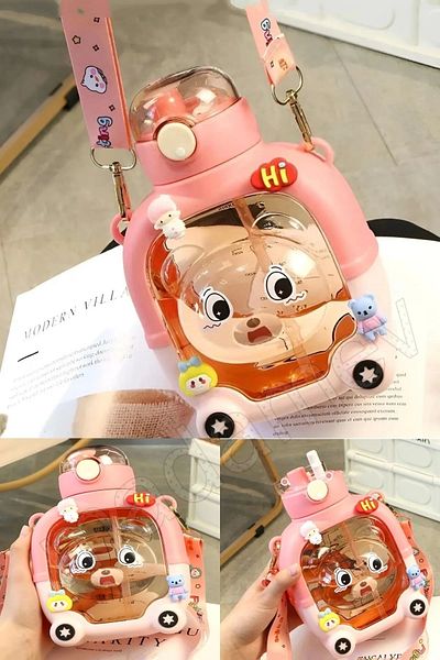 Madamev 1000ml Cute Teddy Bear Water Bottle - Bpa Free, Pink, Figured Water Bottle Sticker with School Lid